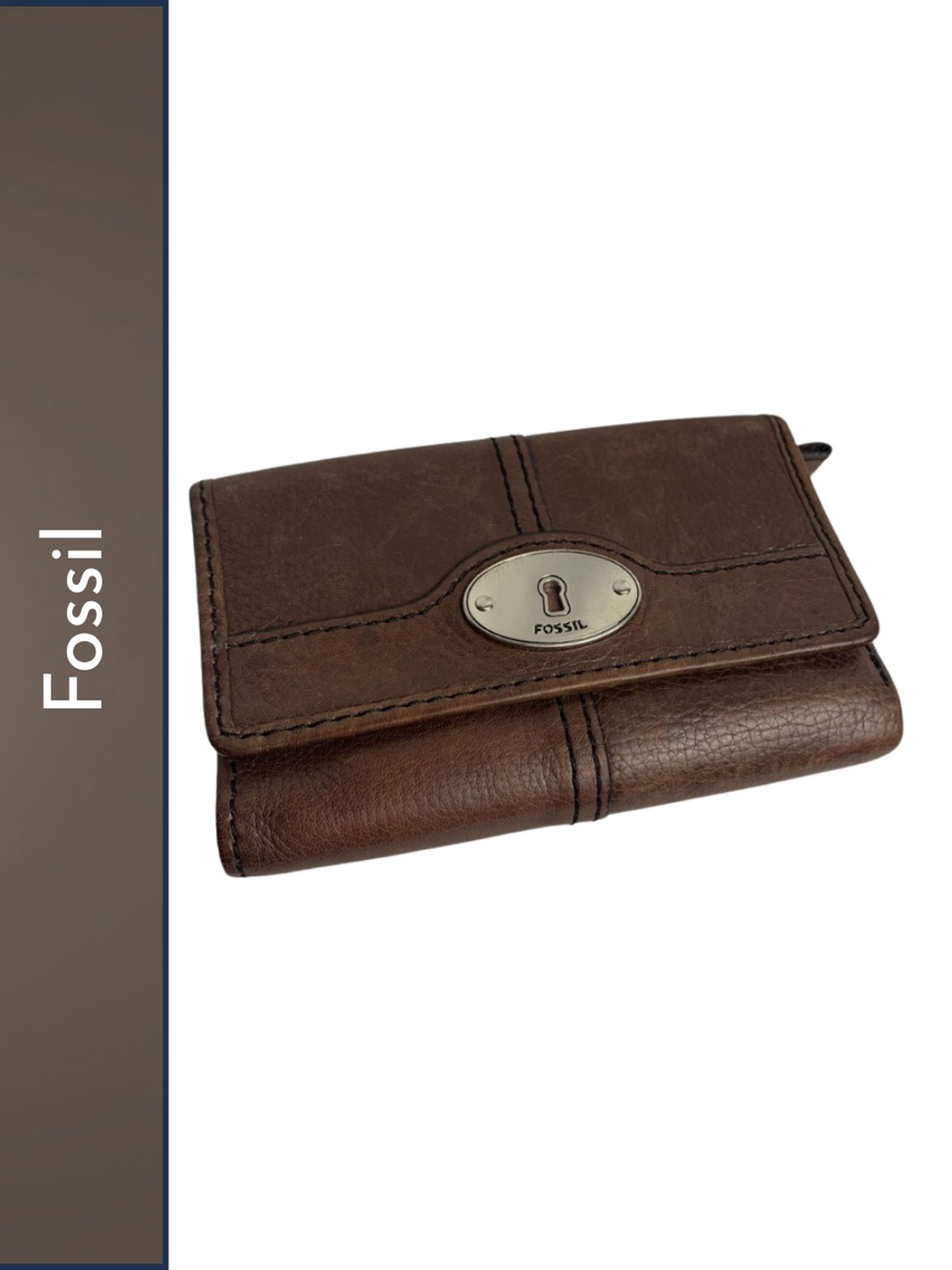 Fossil Dark Brown Leather Tri-fold Wallet with Silver Accent Rustic Minimalist